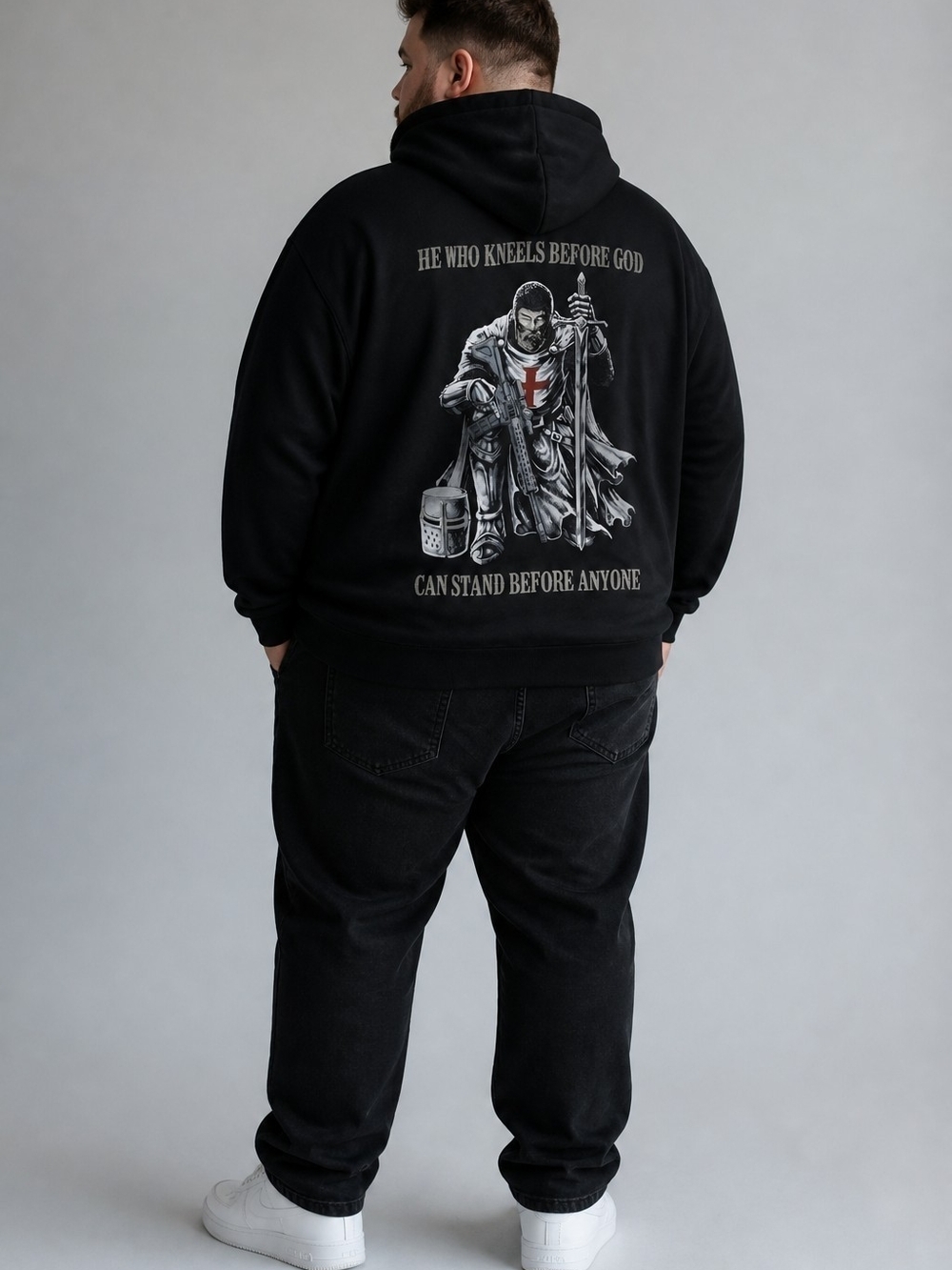 Men's Black Graphic Hoodie with Knight Cross Back Print